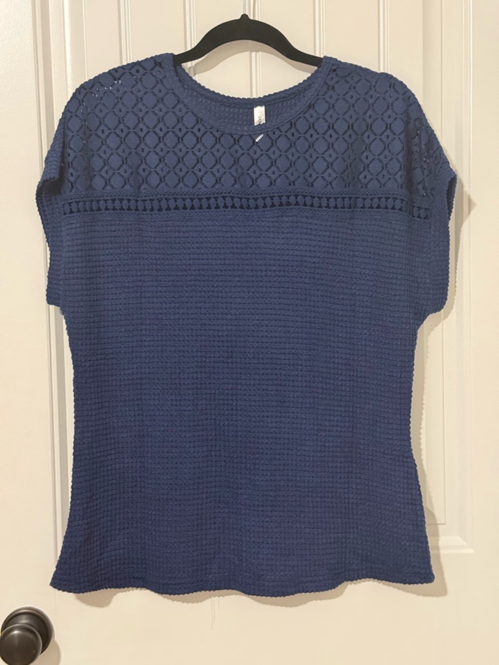 Women’s Navy Crochet Yoke Short Sleeve Top - Classic Casual